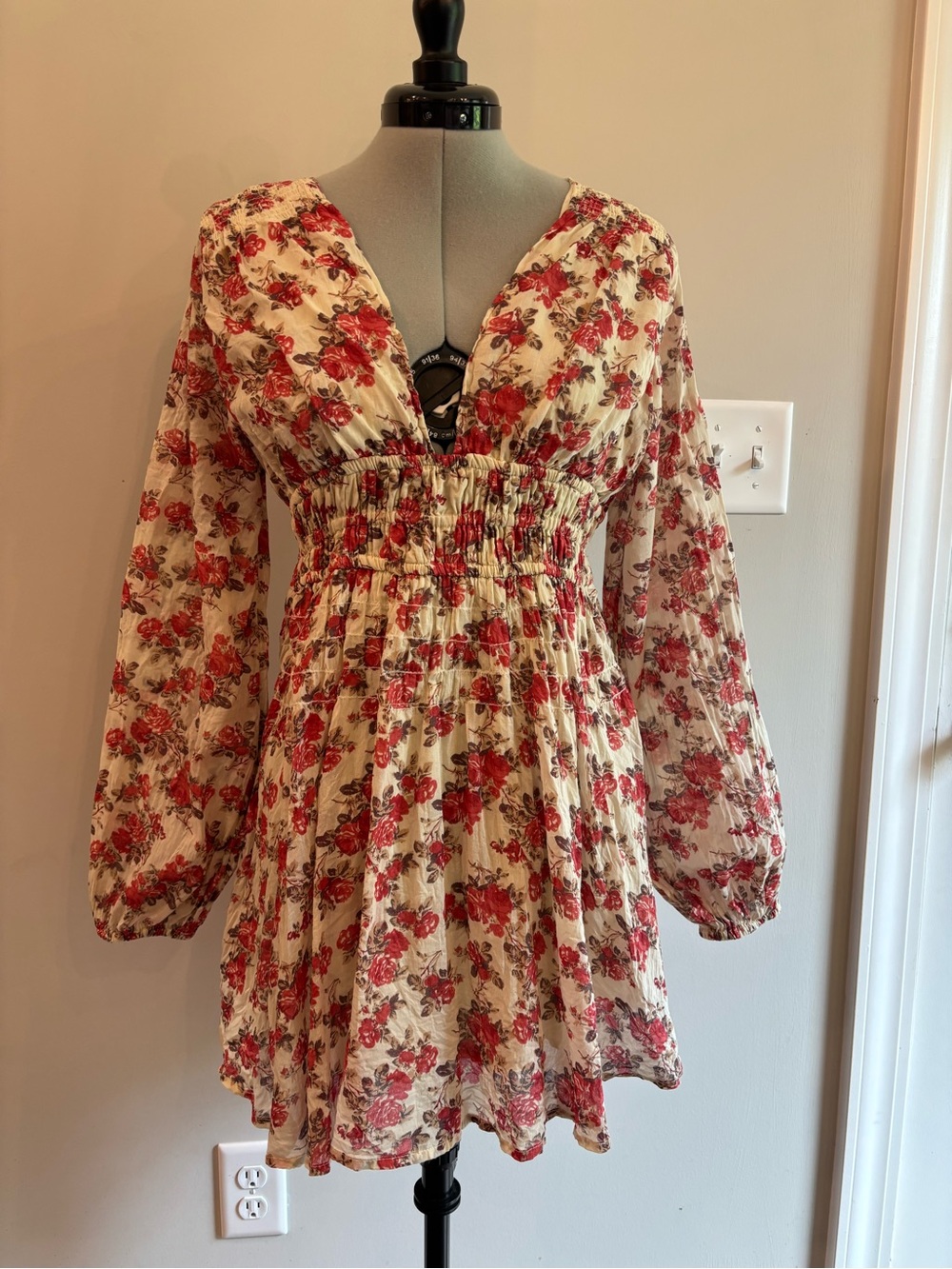 Free People Keep You Cream Floral Mini Dress with Red Roses